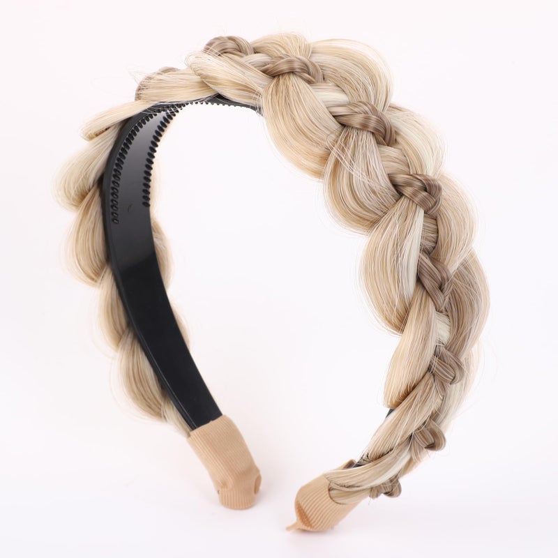 TOECWEGR Braided Headbands for Women Wide Messy With Teeth Synthetic Stretchy Hair Braid Headpiece Thick Woven Hair Band for Girls headband (Wide Dark Red Champagne Gold, Free) - Image 3